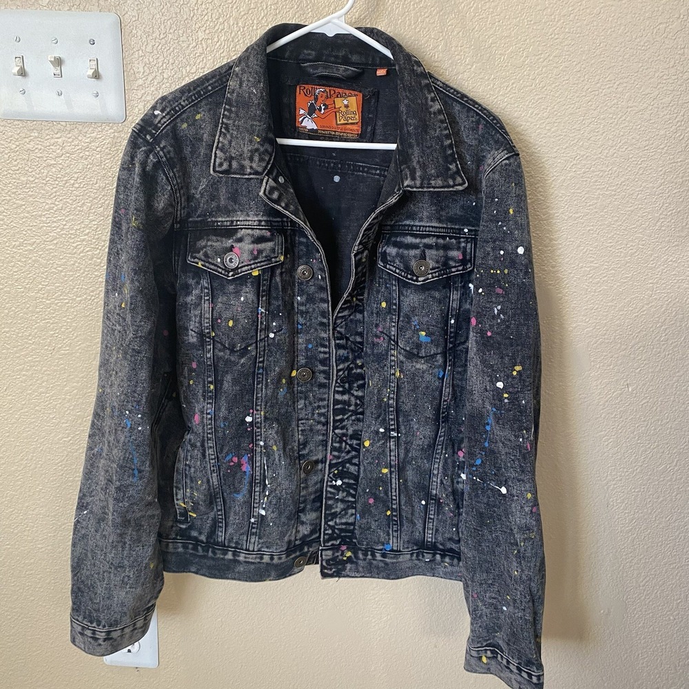 Women's Rolling Paper Denim Jean Jacket Size XL Acid Washed Black W/color Dots